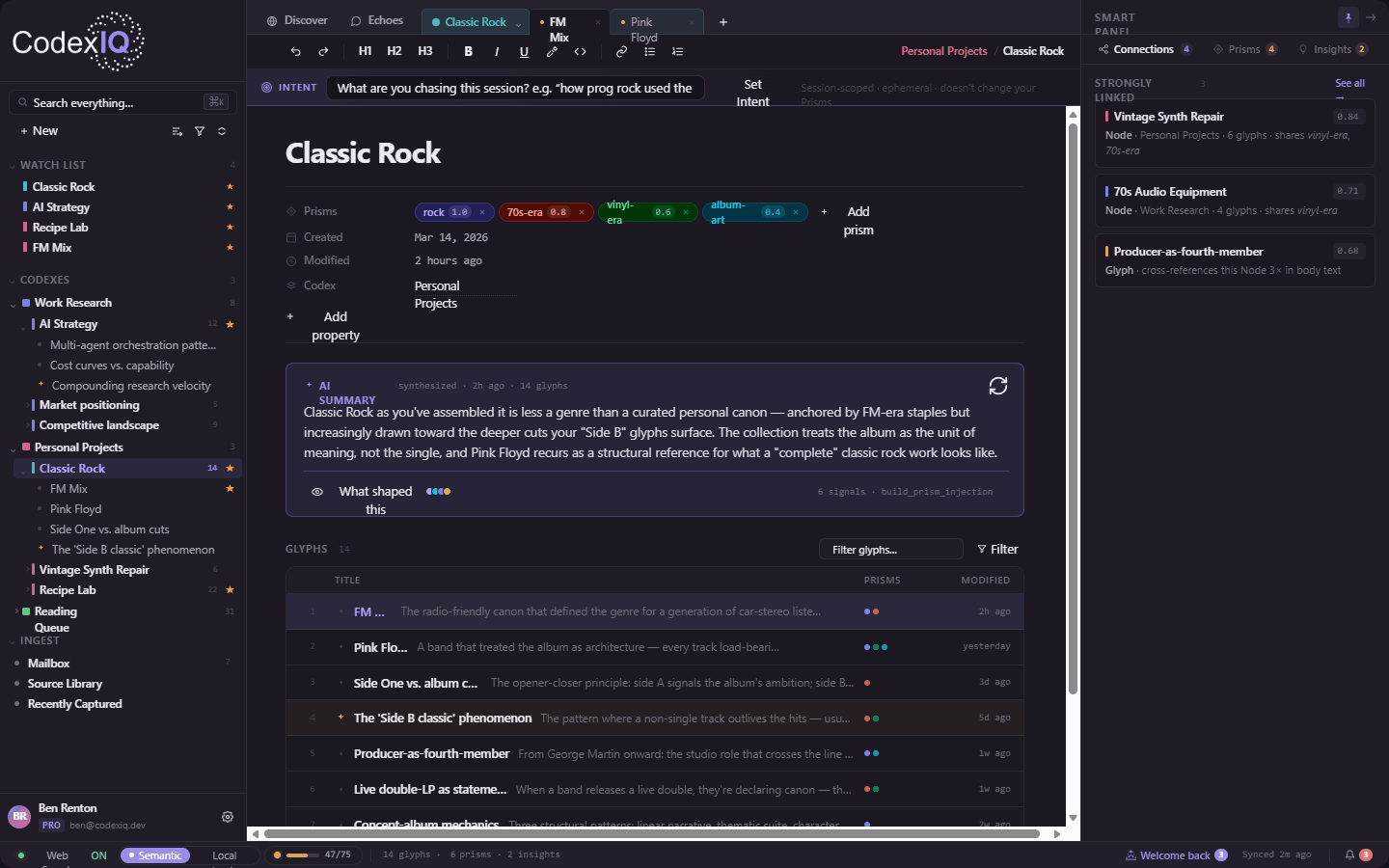 CodexIQ Expert mode — the three-panel workspace with the Node navigator, editor, Prisms, AI summary, and the Smart Panel of connections